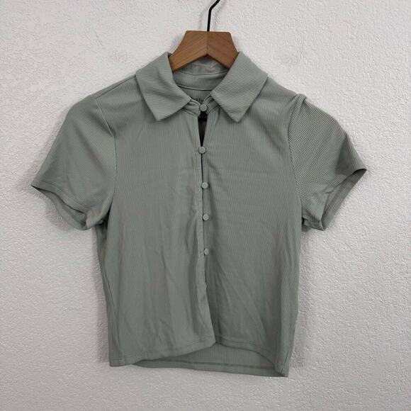Abercrombie & Fitch Seamless Rib Button Down Polo Shirt Sea Moss Green Grey M - Picture 3 of 9